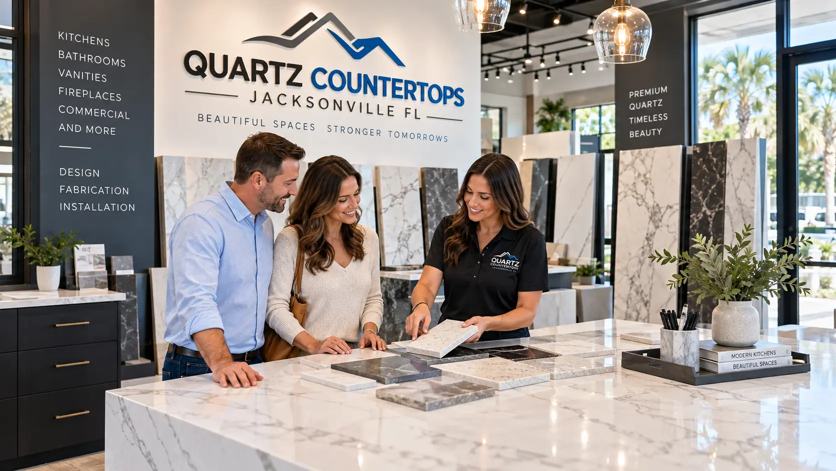 Quartz samples compared against cabinet finishes