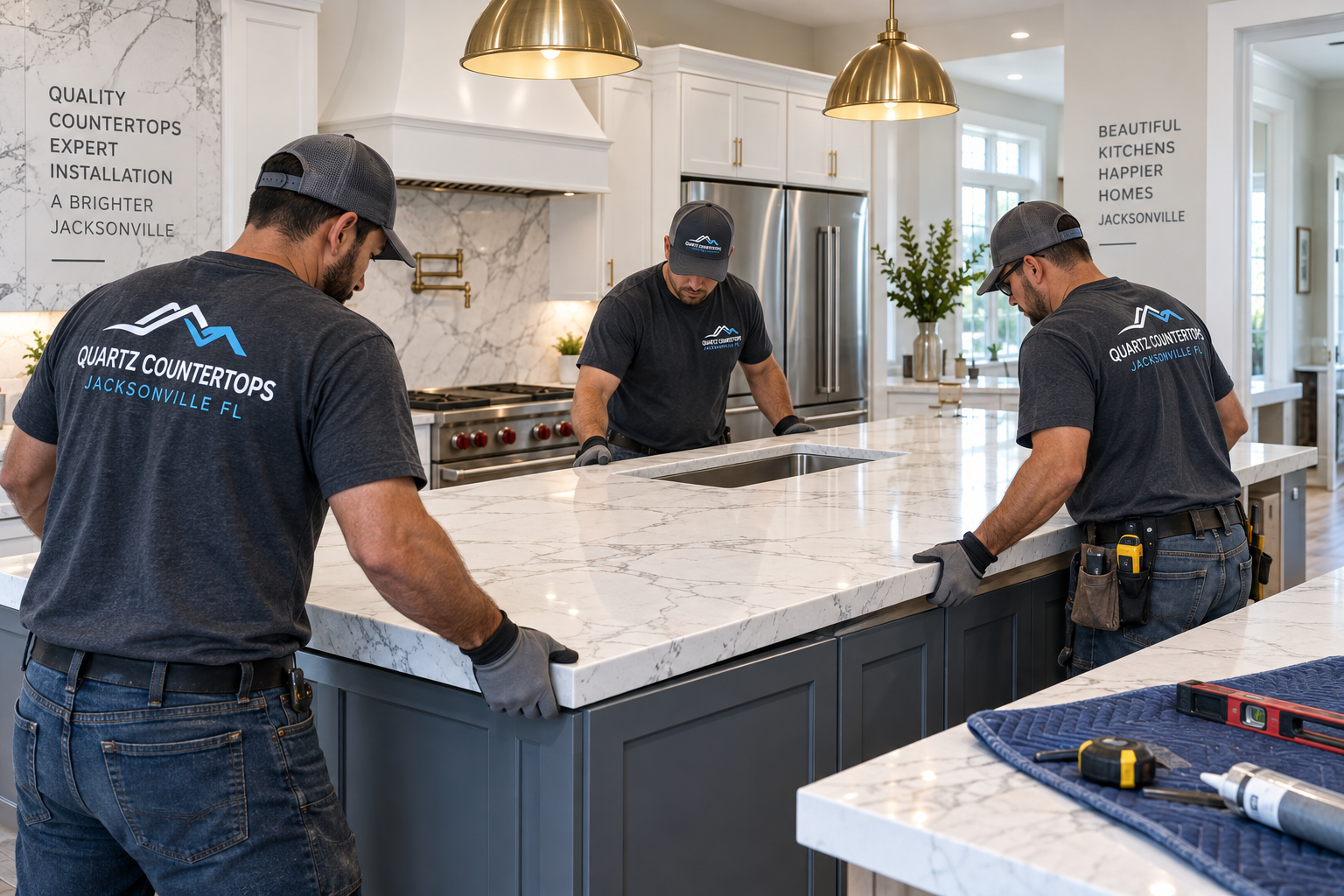 Quartz countertop installation process: setting a veined island top