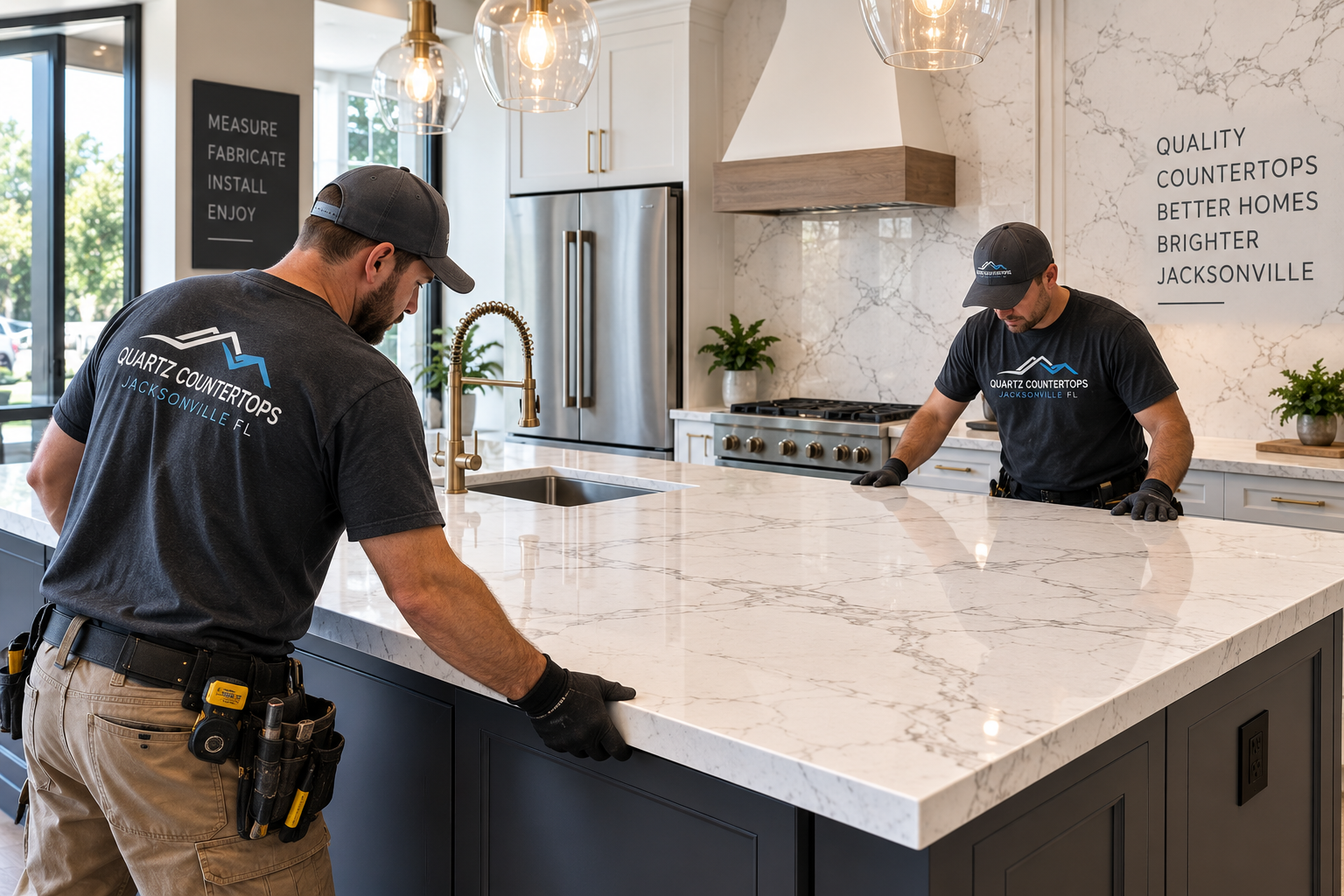 A quartz countertop being positioned onto cabinetry