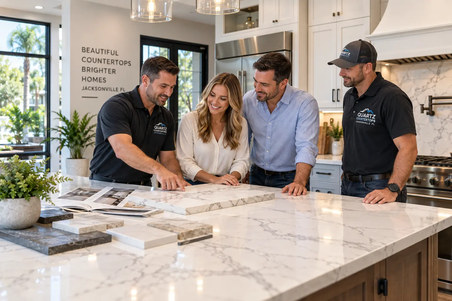 Homeowners reviewing quartz samples at a kitchen island