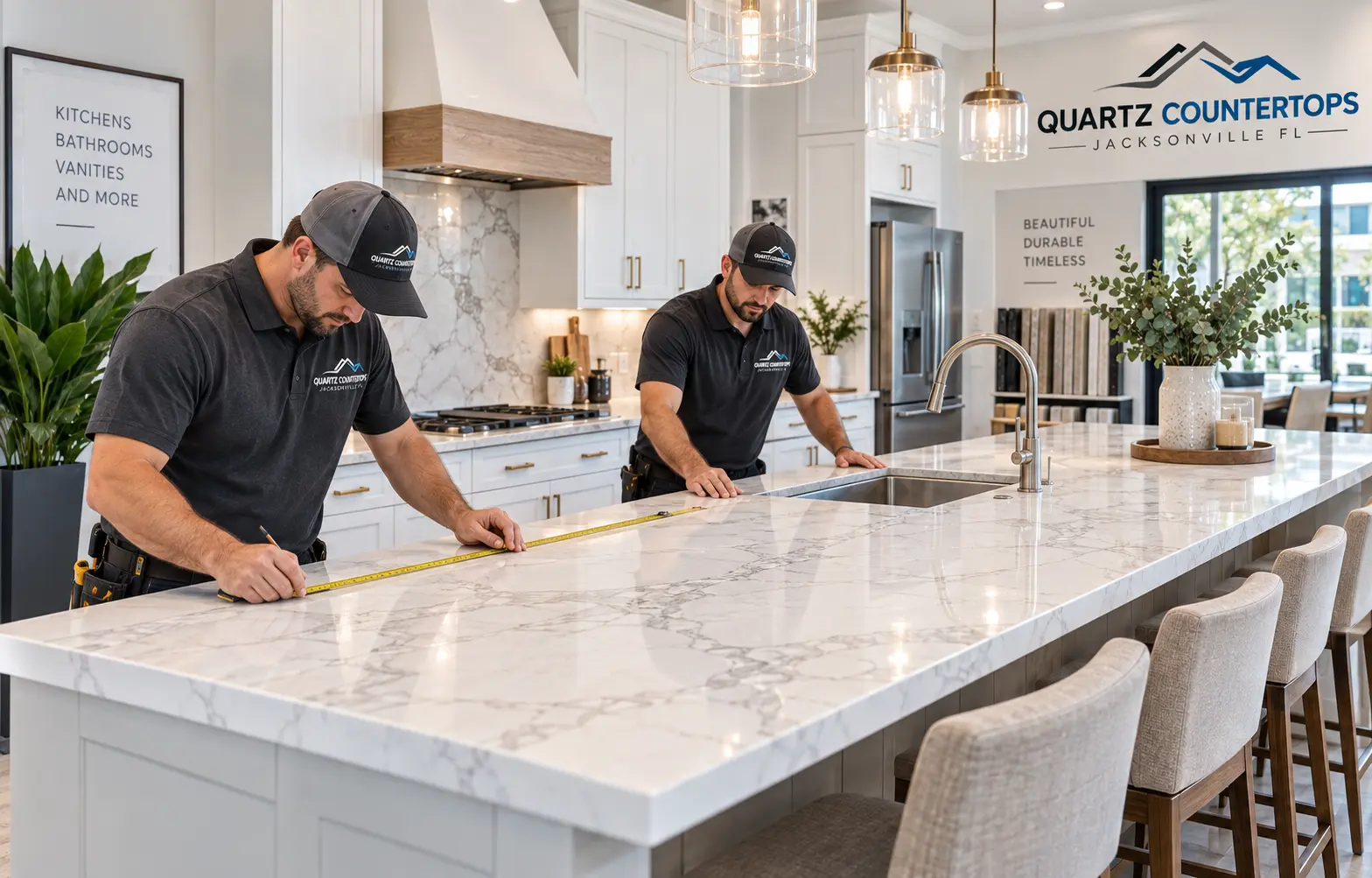 Measuring a large white quartz island in a bright kitchen