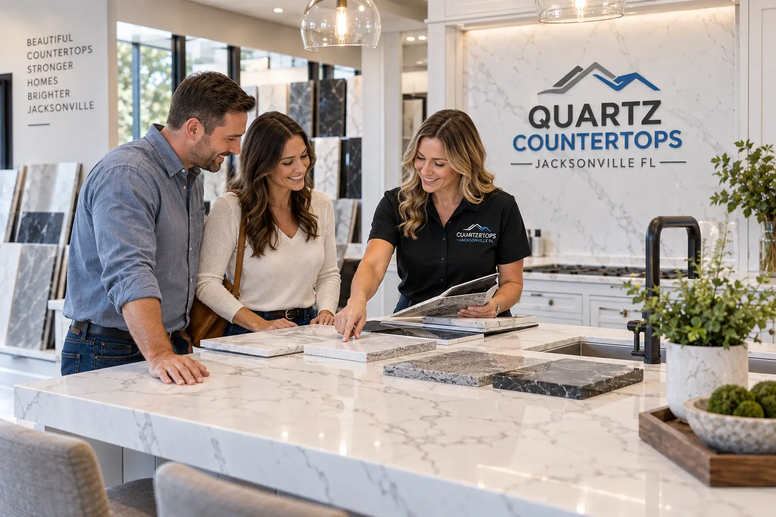 Quartz samples compared on a kitchen island surface